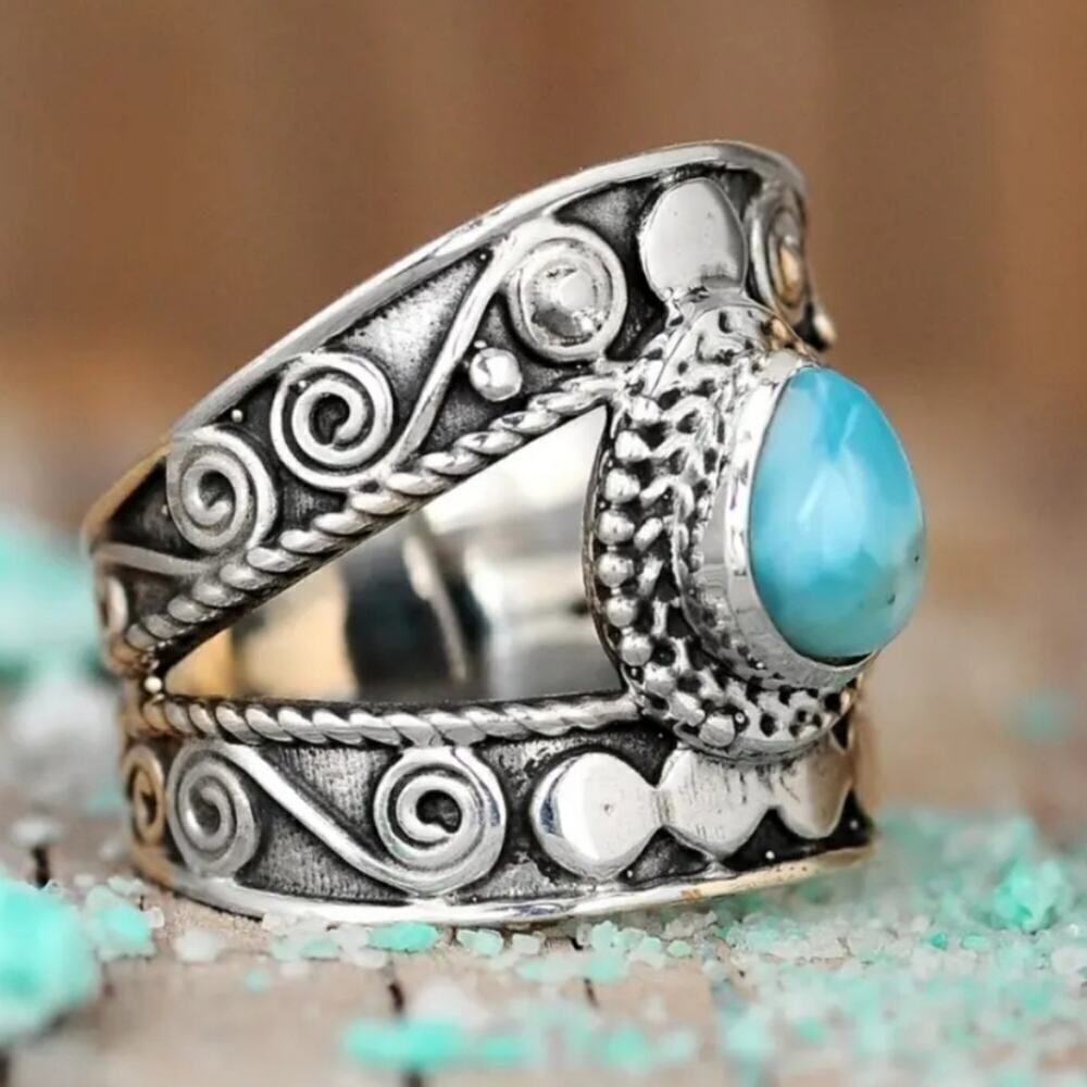 Vintage Style Chunky Band Ring Inlaid Turquoise Jewelry - Picture 10 of 11